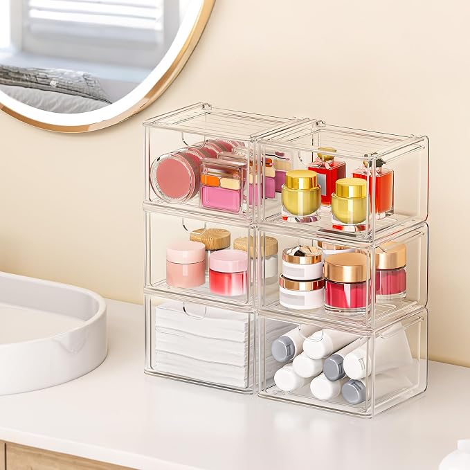 6 Pack Small Stackable Stroage Drawers, Acrylic Bathroom Makeup Organizer - Image 2