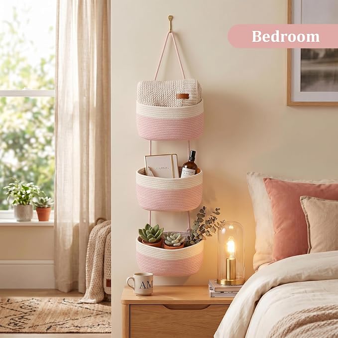 TeoKJ Over the Door Hanging Basket, 3-Tier Woven Cotton Wall-Mounted Storage - Image 6
