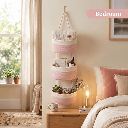 TeoKJ Over the Door Hanging Basket, 3-Tier Woven Cotton Wall-Mounted Storage - Image 6