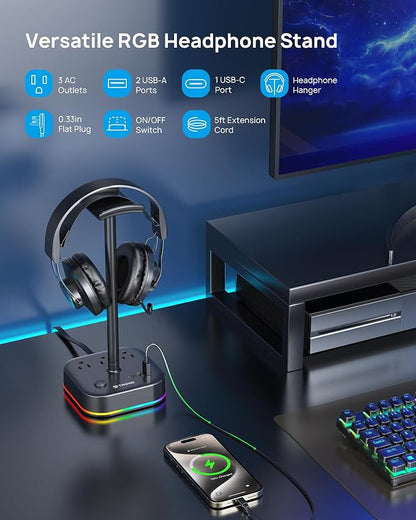 TROND Headphone Stand with USB C, Desk Gaming Headset Holder with 3 AC Outlets - Image 2