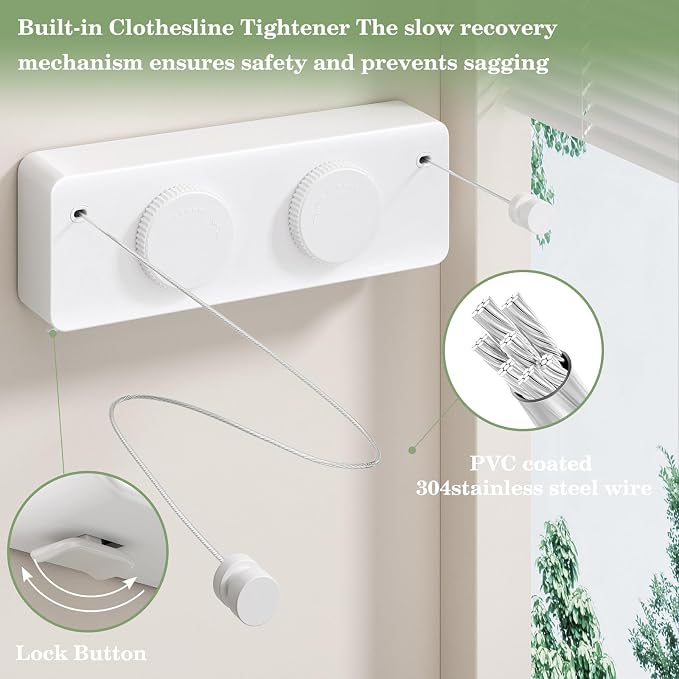 Danpoo Retractable Clothesline, Anti-Sag Adjustable Knob Heavy-Duty Clothes Line - Image 2