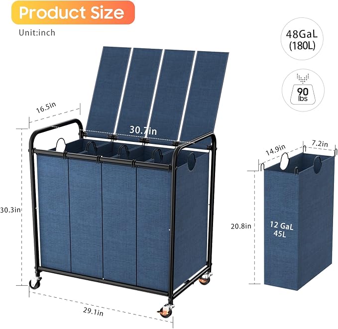 Laundry Sorter 4 Sections 48 Gal, Rolling Laundry Basket - Image 2