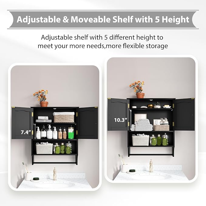 Black Bathroom Cabinet with Towel Rack, Bathroom Wall Cabinet with 2 Doors and - Image 4