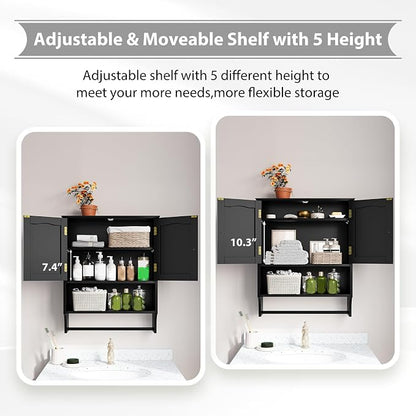 Black Bathroom Cabinet with Towel Rack, Bathroom Wall Cabinet with 2 Doors and - Image 4