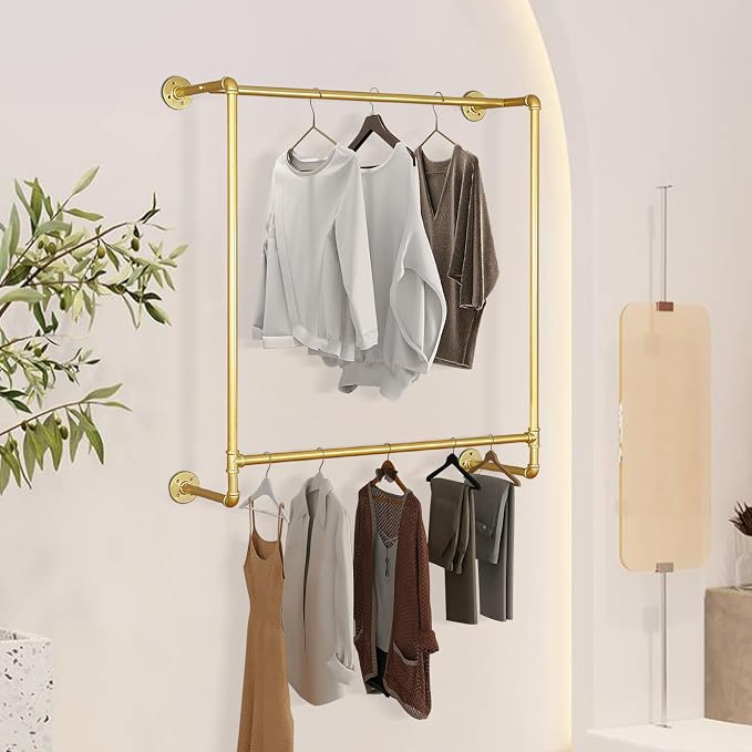 Gold Wall Mounted Clothes Rack, Industrial Pipe Garment Rack Hanging Rod Bar - Image 2