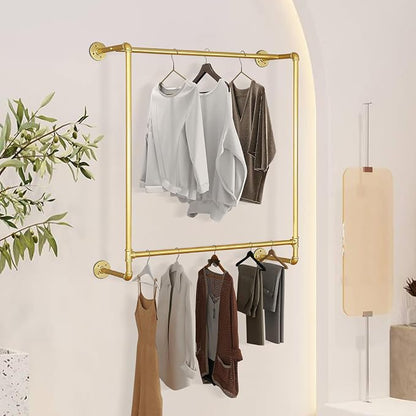 Gold Wall Mounted Clothes Rack, Industrial Pipe Garment Rack Hanging Rod Bar - Image 2