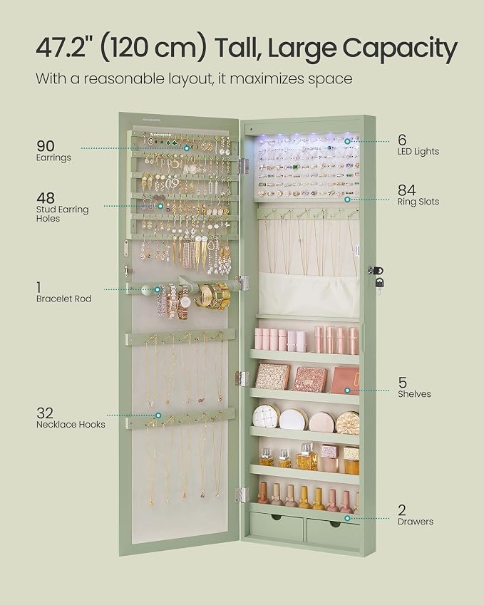 SONGMICS 6 LEDs Mirror Jewelry Cabinet, 47.2-Inch Tall Lockable Wall or Door - Image 4