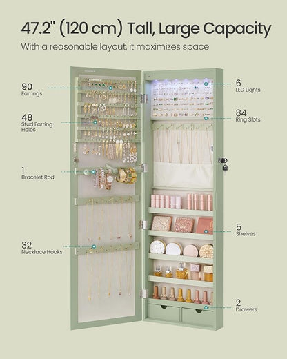 SONGMICS 6 LEDs Mirror Jewelry Cabinet, 47.2-Inch Tall Lockable Wall or Door - Image 4