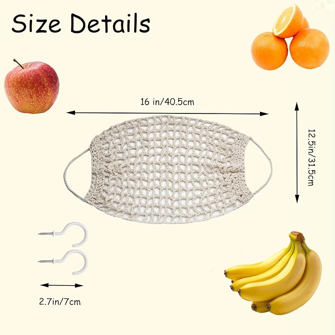 2 Pack Macrame Woven Hanging Fruit Hammock, 13×16in Beige Net | Premium Cotton - Image 2