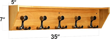 SKOLOO Wall Shelf with Hooks, 35-Inch Brown Coat Rack Wall Mount with Shelf - Image 2