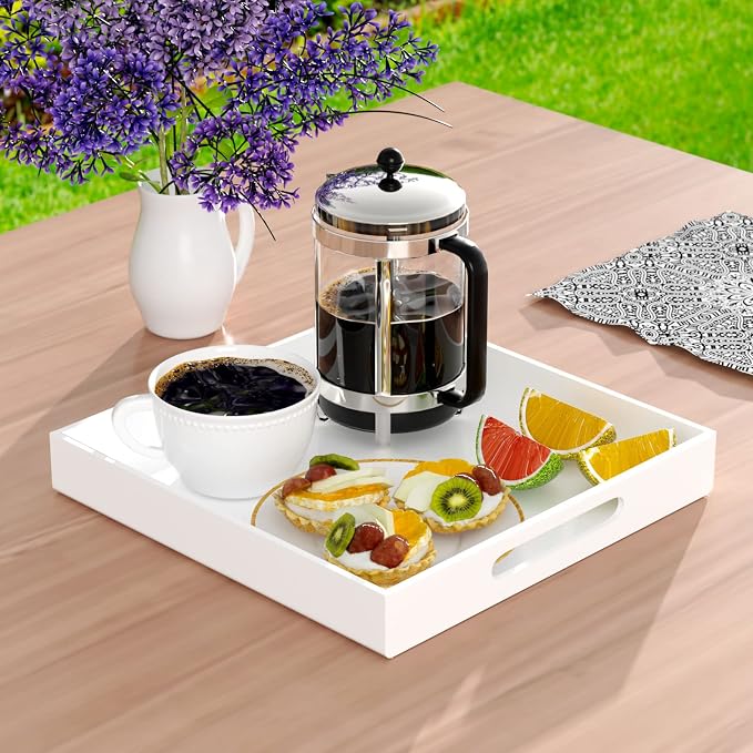 NIUBEE Acrylic Serving Tray 12x12 Inches -Spill Proof- White Decorative Tray - Image 5