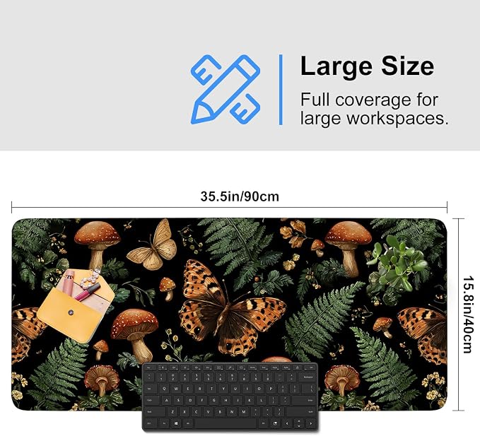Vintage Butterfly Mushroom Mouse Pad – Large Extended Desk Mat 35.43 x 15.75 in - Image 3
