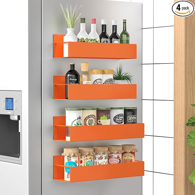 Metal Magnetic Spice Rack for Refrigerator Orange, 4 Pack | Magnetic Shelves by HuggieGems