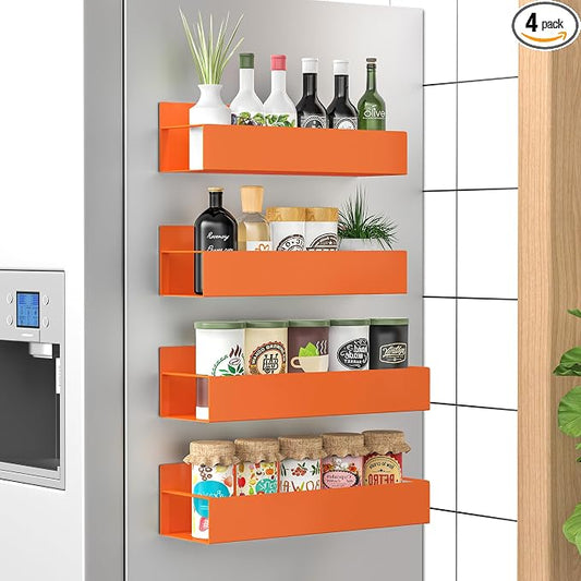 Metal Magnetic Spice Rack for Refrigerator Orange, 4 Pack | Magnetic Shelves by HuggieGems