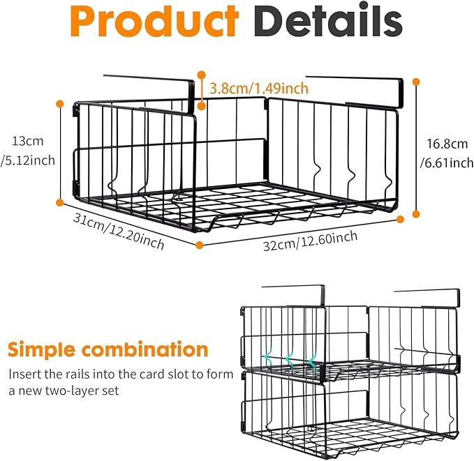 Hanging Under Shelf Storage Basket, 2 Pack Foldable Under Cabinet Metal Desk - Image 5