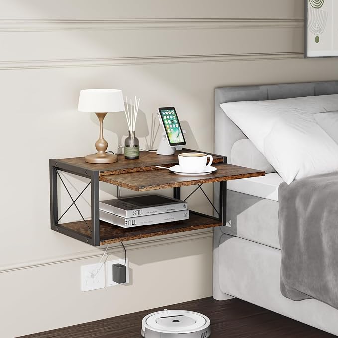 2-Tier Floating Nightstand, Wall Mounted Bedside Table, Wood Bedside Shelf Wall - Image 2