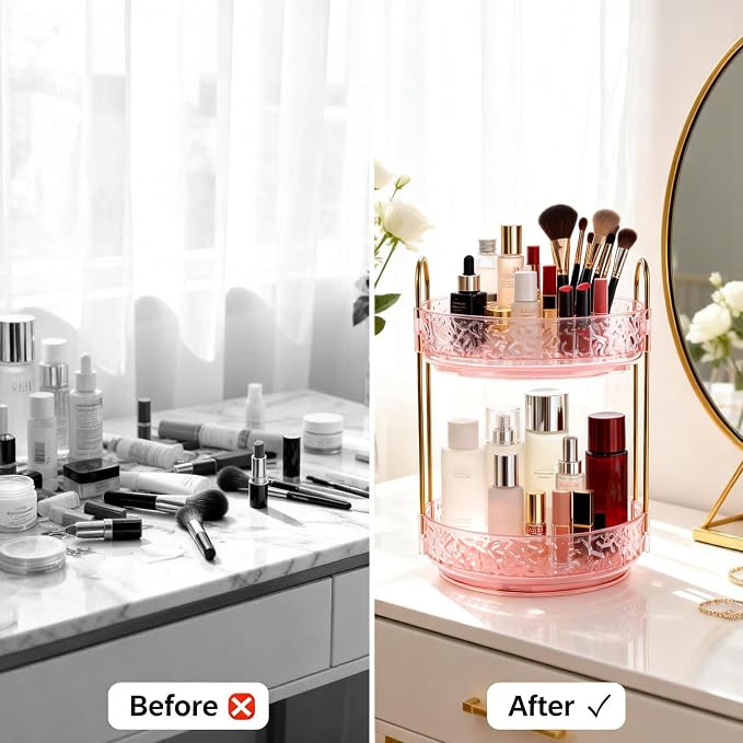 Fangoo 2 Tiers Pink Rotating Makeup Organizer - Image 6