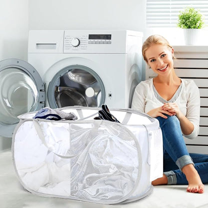 Durable Collapsible Foldable Mesh Pop Up Laundry Basket, 2 Compartments Easy to - Image 2