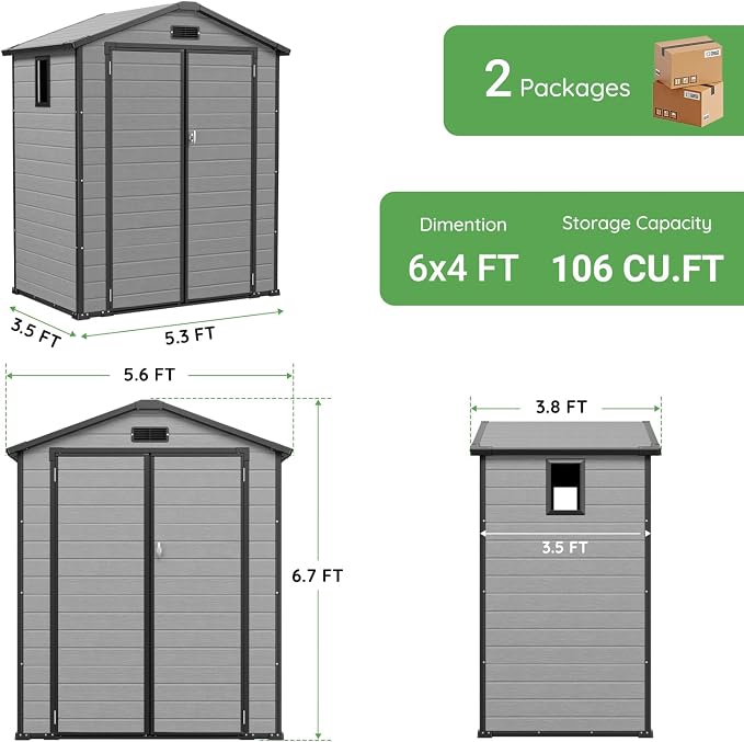 6 x 4 FT Resin Shed with Floor, 14MM Thick Double-Wall Panel Sheds | Lockable - Image 2