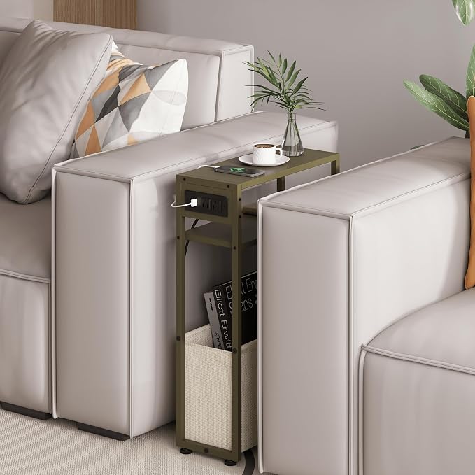 Green Side Table with Charging Station, Slim End Tables with Linen Basket - Image 4
