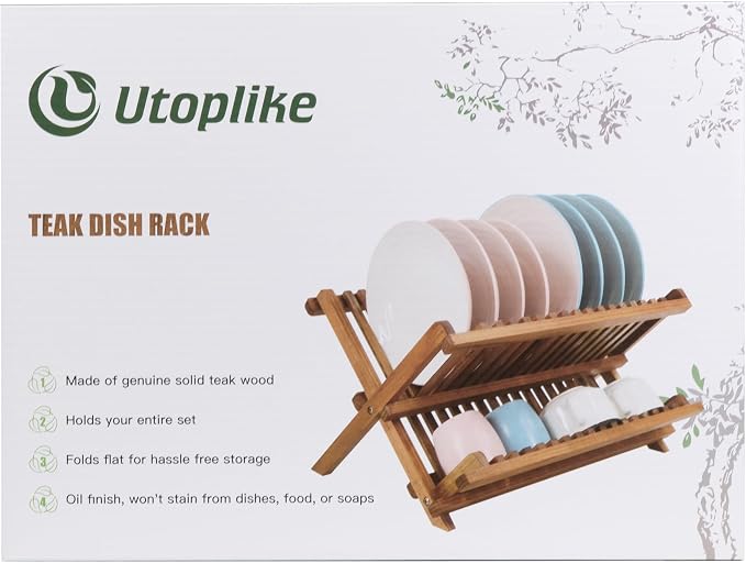 Utoplike Teak Dish Drainer Rack Collapsible 2 Tier Dish Rack Dish Drying Rack - Image 8