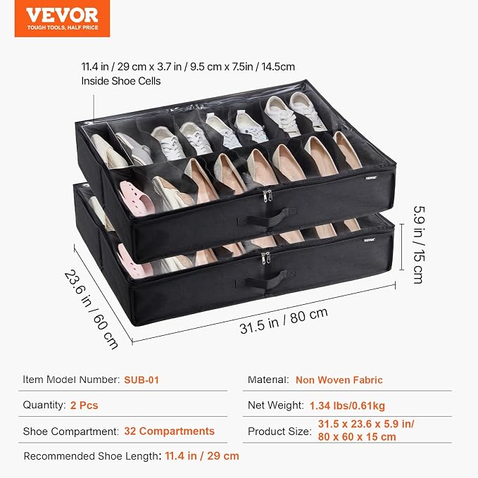 VEVOR Under Bed Shoe Storage Organizer, Total 32 Compartments, Underbed Shoes - Image 7