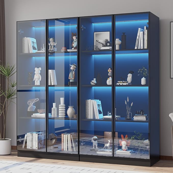 Glass Display Cabinet with LED Lights Set of 2, Display Case Bookcase with by ZORPLIX
