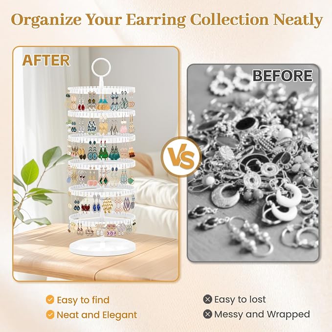 MODOWEY Rotating Earring Holder Organizer Adjustable Display, 6 Tiers White | - Image 6