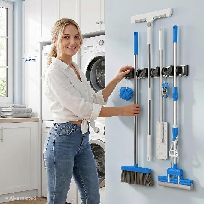 Holikme Mop Broom Holder Wall Mount Metal Pantry Organization and Storage - Image 7