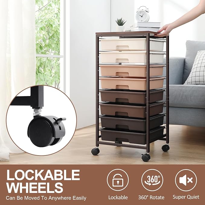 Rolling Storage Cart with Drawers, Rolling Drawer Cart and Wooden Tabletop - Image 4