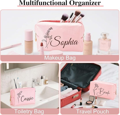 Personalized Makeup Bag with Name & Birth Flower, Custom Leather Cosmetic Bags - Image 4