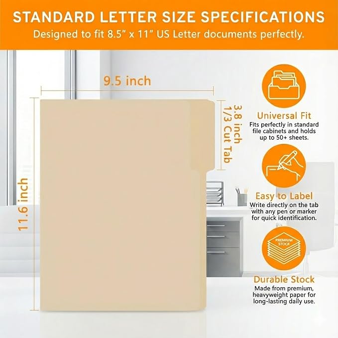 100 Packs Manila File Folder, Manilla Folder 8.5x11, 1/3 Cut Tabs Folder - Image 2