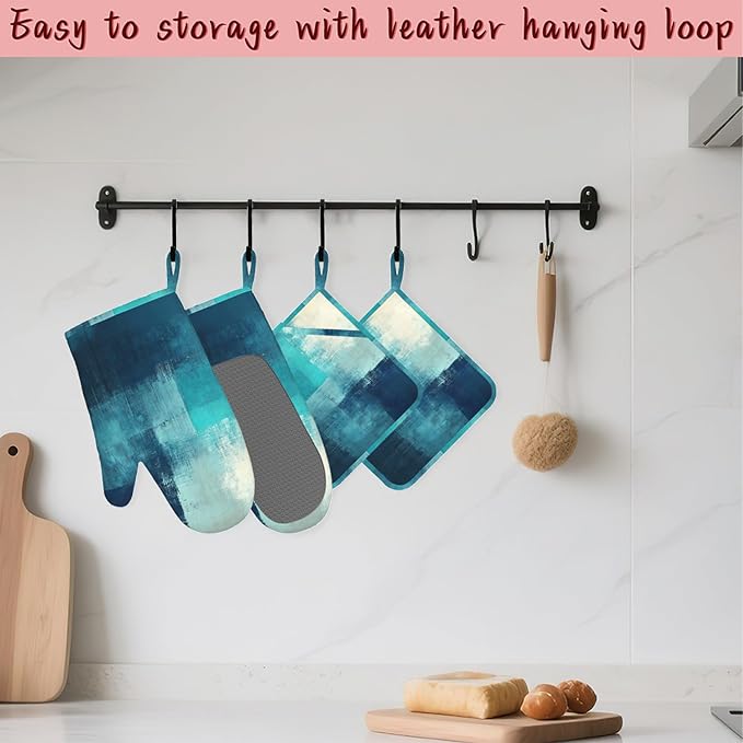 Turquoise Grey Oven Mitts and Pot Holders, Teal Modern Art Heat Resistant - Image 5
