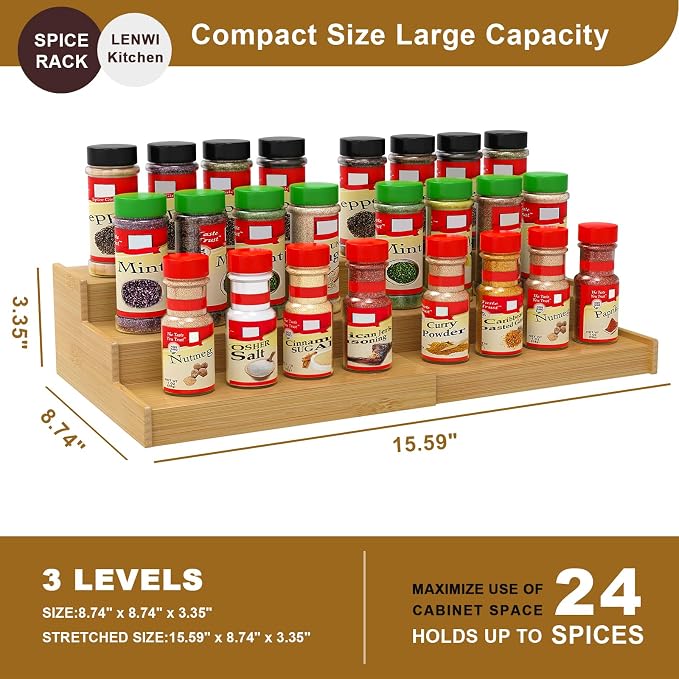 Spice Rack Organizer for Cabinet, 3 Tier Expandable Bamboo Spice Storage - Image 4