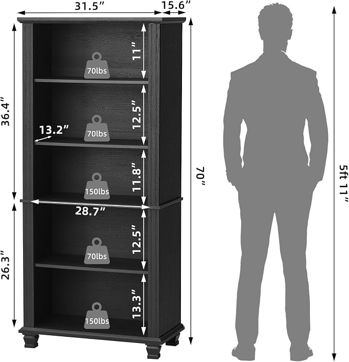 70" Tall Black Bookshelf, 5 Tier Wooden Book Shelf - Image 3