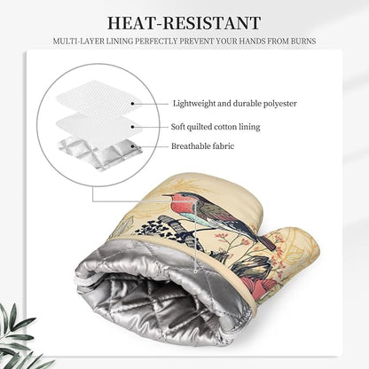 Bird Floral Oven Mitts and Pan Racks, Silicone Non-Slip Vintage Garden Bird - Image 4