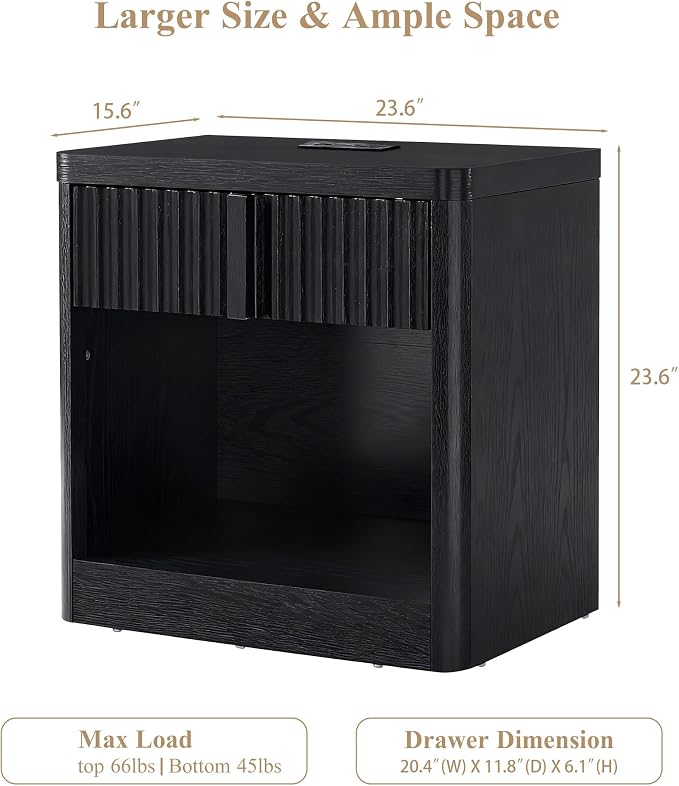 Fluted Nightstand with Charging Station, 23.6" End Table with Open Shelf and - Image 2