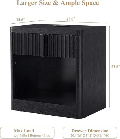 Fluted Nightstand with Charging Station, 23.6" End Table with Open Shelf and - Image 2