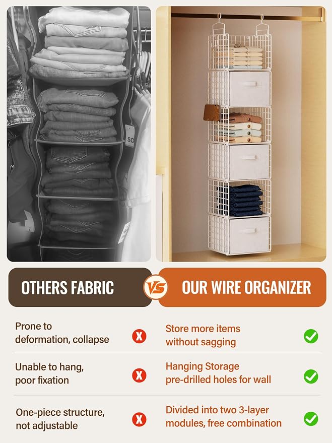 Closet Hanging Organizer with Drawers, 6 Tier Metal Closet Organizers and - Image 4