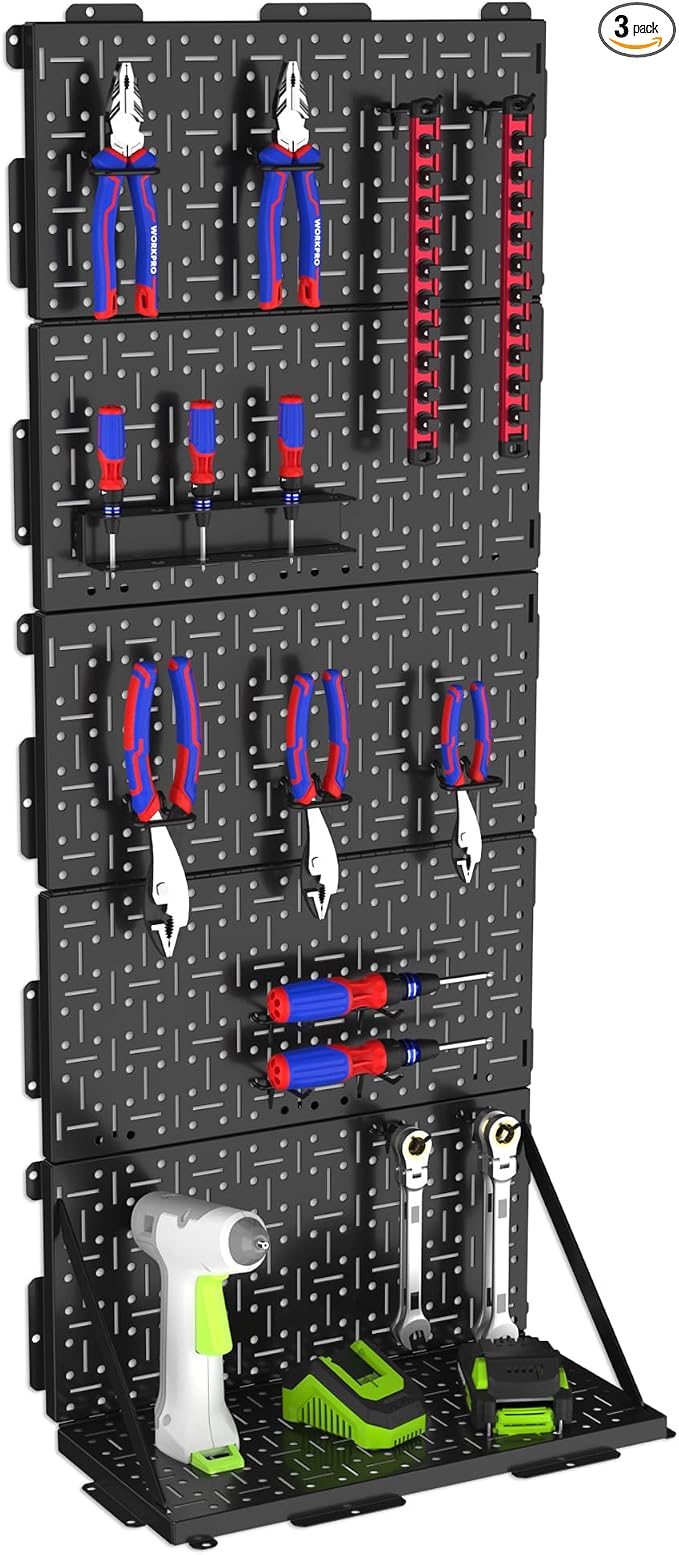 WORKPRO 16”x 16” Metal Peg Board, Foldable Black Pegboard by WORKPRO