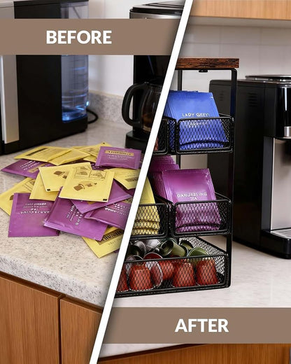 Tea Bag Organizer with 5 Drawers, Wooden & Metal Tea Storage Organizer - Image 5