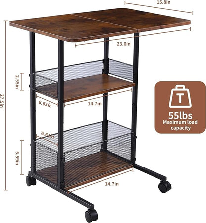 C Shaped End Table with Storage Shelf Basket, Small Couch Table with Wheels - Image 3