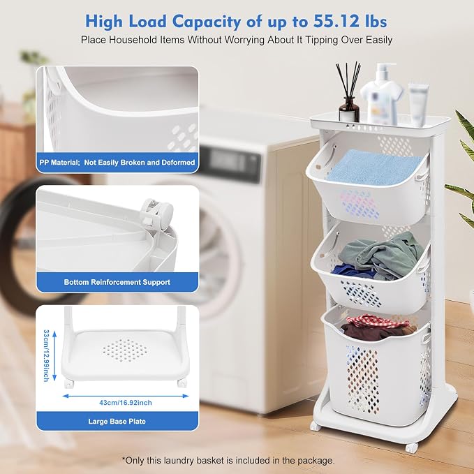 Laundry Basket with Wheels and Handle, Laundry Hamper 3 Section Rolling Laundry - Image 2