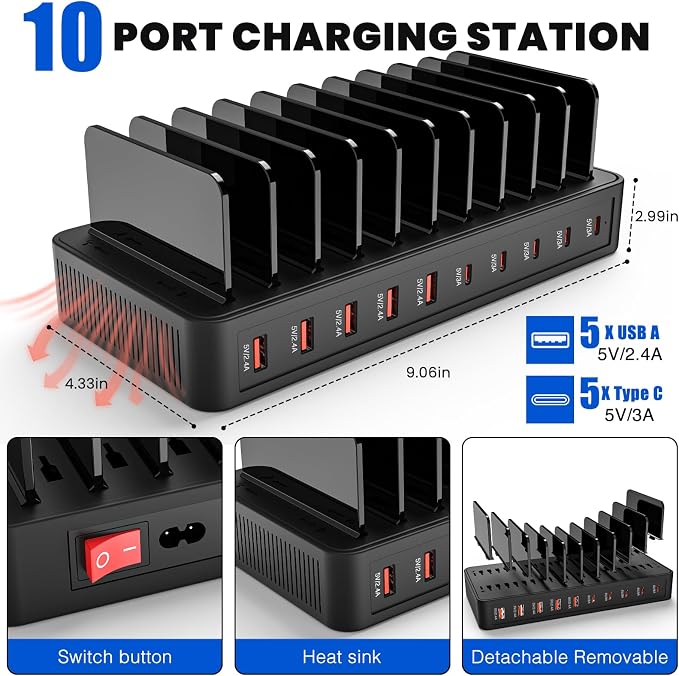 Charging Station for Multiple Devices, 100W 10 Ports Charging Dock - Image 3