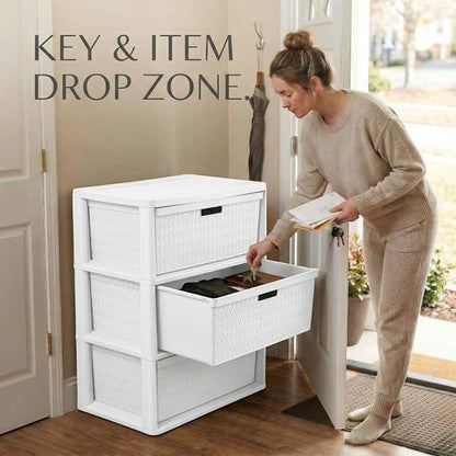 Premium Wide 3-Drawer Plastic Storage Tower, Decorative Opaque White Weave - Image 8