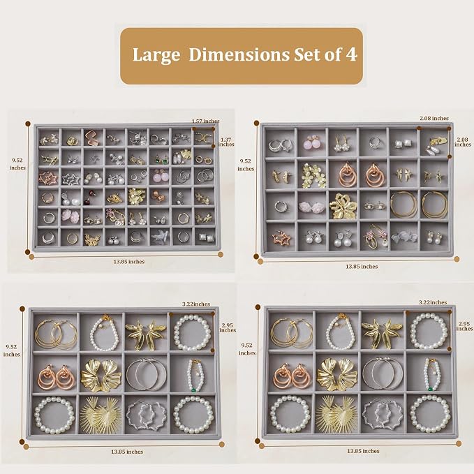 Large Jewelry Drawer Organizer Trays Set of 4, Stackable Velvet Jewelry Trays - Image 3