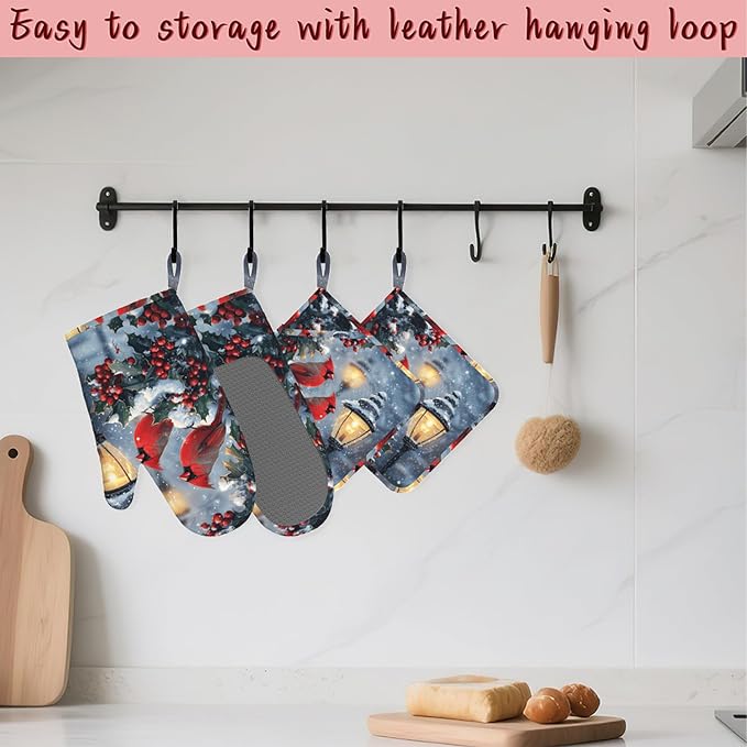 Christmas Berries Heat-Resistant Silicone Oven Mitts and Pot Holder 4 Piece Set - Image 5
