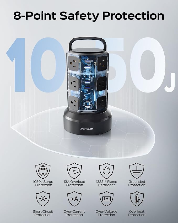 Power Strip Tower Surge Protector, JACKYLED 12 Outlets 6 USB Charging Station - Image 8