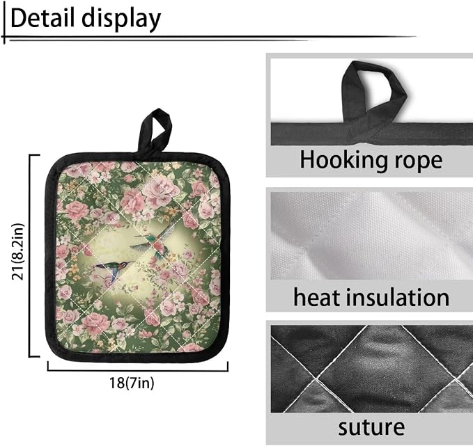 2Pcs Hummingbird Pot Holders Heat Resistant, 8.2 x 7 Inches Quilted Liner - Image 3