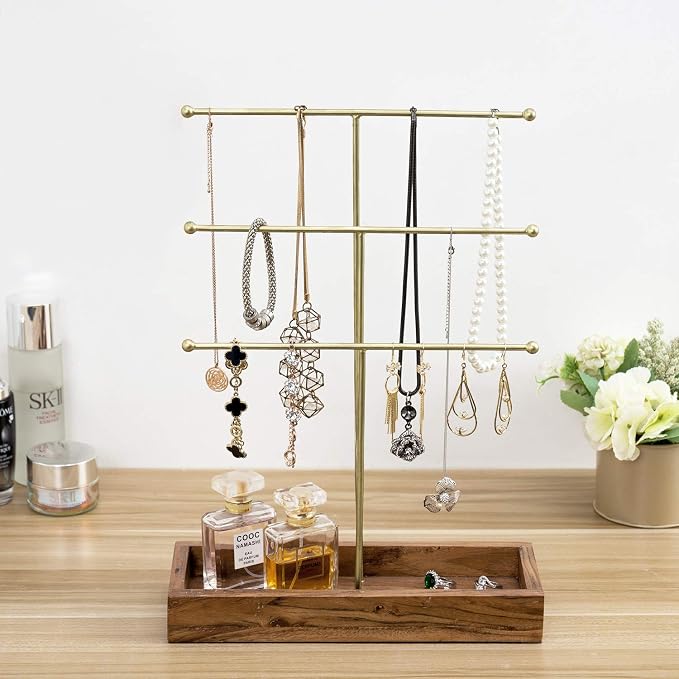MyGift Handmade 3-Tier Brass Metal Jewelry Tree Organizer Stand and Ring Tray - Image 4